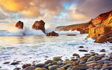 california rocks - oceans, cloud, rocks, waves