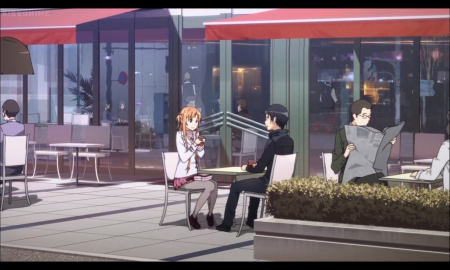 Just a Date - female, scenery, romantic, scene, cafe, romance, sword art online, sao, asuna, kazuto kirigaya, yuuki asuna, love, chair, date, anime, people, guy, boy, male, eat, kirigaya, kirito, kirigaya kazuto, anime couple, anime girl, table, girl, lovely, sweet, asuna yuuki, eating, lover, couple, restaurant