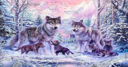 panting, wolves in the snow - owl, trees, snow, cubs, mountains, wolves