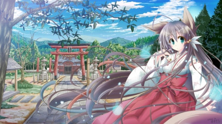 Shrine - gown, beautiful, anime girl, girl, scenery, cloud, japan, pretty, shrine, landscape, beauty, sweet, brown hair, anime, yukata, dress, sky, long hair, kitsune, ears, nice, lovely, kimono, scene, female, japanese