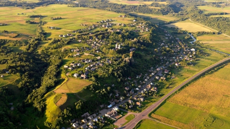 aerial view of a rural lithuanian town - view, town, trees, aerial, grass