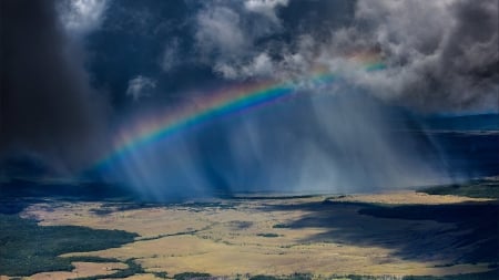 panoramic view of a rainbow in a rain shower - clouds, rainbow, rain, panorama, shower