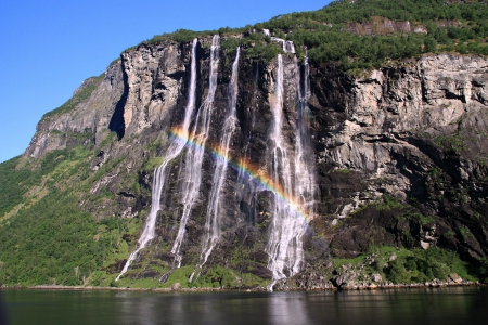 Seven Sisters Waterfall, Norway - norway, rainbow, waterfall, reflection