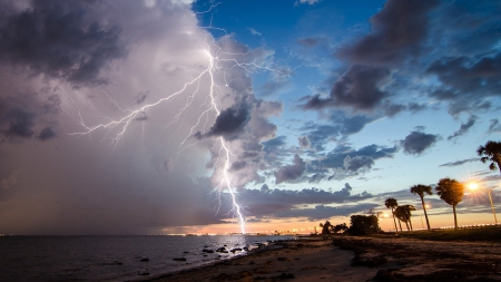 fantastic lightning strike on a beach - storm, beach, sea, dusk, lightning