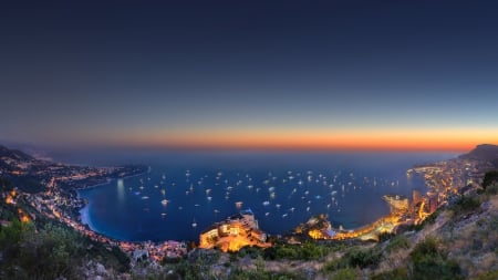 superb view of monaco at twilight hdr - coast, sea, city, mountain, boats, view, lights, twilight, hdr