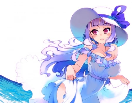 Blue Sea - anime, female, maiden, dress, long hair, hat, gown, anime girl, water, beautiful, hot, girl, simple, wet, beauty, white, lady, sexy