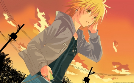 Anime boy and his music - clouds, anime, summer, HD, boy, music, headphones, sunset, cute