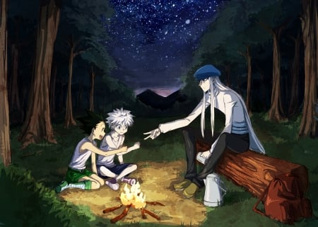 Rock, paper, scissors - hunter x hunter, assassin, camp fire, kite, killua zoldyck, rock paper scissors, forest, gon freecss, pro hunter, anime, manga, chimera ant arc