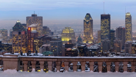 wintry view of montreal from a terrace - hill, winter, lights, skyscrapers, terrace, city