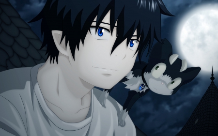 Rin & Kuro - cat, satan, night, blue exorcist, rin okumura, hd, kuro, full moon, anime