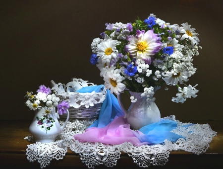 Daisy Still Life - delicate, field, basket, still life, scarves, pretty, table, daisies, harmony, veil, vases, lovely, vase, beautiful, doily, doilies, flowers