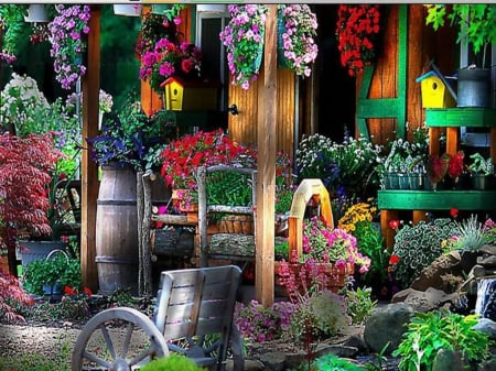 Gardening - flowers, blossoms, utensils, cart