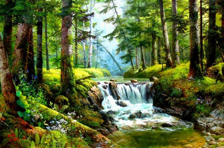 Forest stream - trees, stream, summer, waterfall, lovely, creek, painting, nature, art, woods, pretty, beautiful, wildflowers