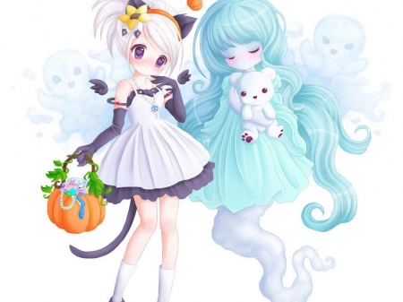 Halloween Girls - halloween, girls, ghost, pumpkin, long hair, orginal, cute