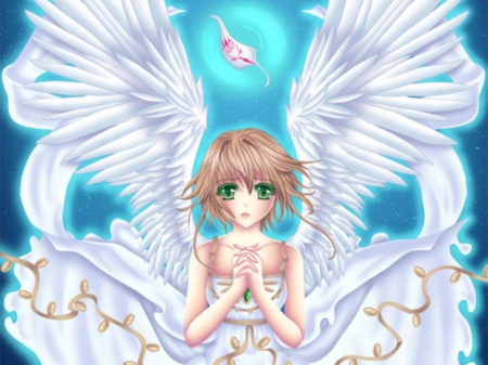 Kinomoto Sakura - card captor, girl, pretty, feathers, sakura, angel, anime, wings