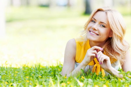 Miss Happiness - woman, nature, young, yellow, beautiful, green, smile, happy