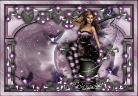 FANTASY FAIRY - purple, female, hummingbirds, wings, fairy, flowers, fantasy