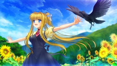 Born Free - crown, anime girl, blond hair, blonde hair, kamio, kamio misuzu, air, blue eyes, long hair, floral, beautiful, sweet, dress, happy, nice, sunflower, beauty, sky, smiling, blond, pretty, cloud, anime, scene, girl, lovely, cg, hd, blossom, smile, misuzu, blonde, flower