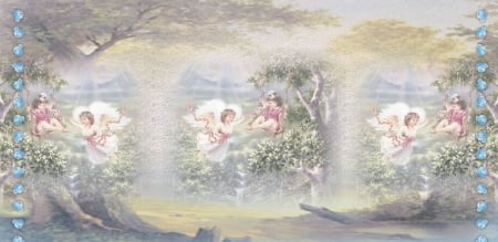 LIL ANGELS - swings, trees, female, background, angels, flowers, child