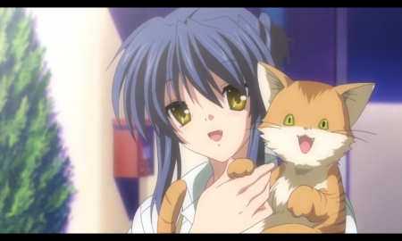 Cute Kitty - nice, female, smiling, anime girl, pretty, clannad, anime, cute, adorable, cat, girl, kitty, long hair, lovely, kitten, blue hair, kawaii, sweet, smile, happy