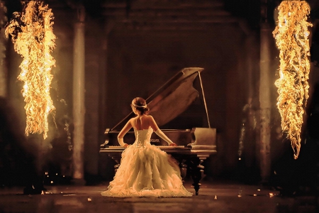 Fire Song - dress, piano, woman, fire