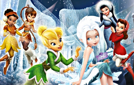 Secret of the wings (2012) - iridessa, movie, periwinkle, winter, fawn, fantasy, secret of the wings, white, silvermist, blue, snow, disney, rosetta, green, fairy, tinker bell