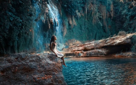 Summer day - woman, girl, blue, day, water, summer, waterfall, model