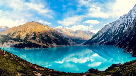 beautiful deep blue mountain lake - lake, mountains, reflection, clouds, blue