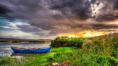 cloudy sky over a boat on a lake hdr - clouds, sunset, boat, hdr, lake, grass