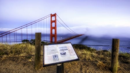 view of the magnificent golden gate bridge hdr - hill, fog, hdr, bridge, bay, info, overlook