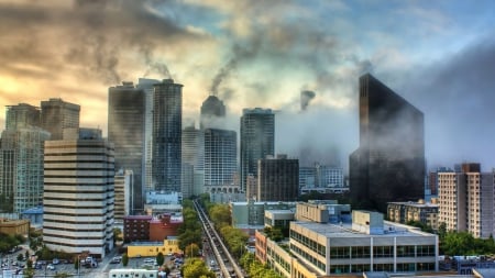 morning fog rising from a cityscape hdr - tracks, fog, hdr, skyscrapers, city, morning