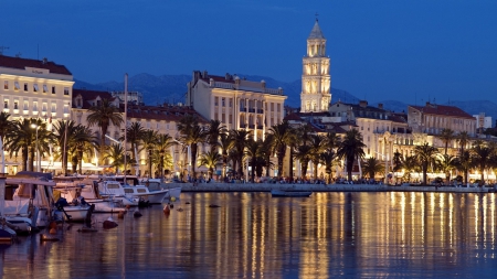 waterfront in split croatia on a beautiful night - lights, reflections, city, boats, night, waterfront