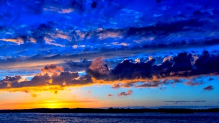 spectacular sunset - bay, forest, sunset, clouds