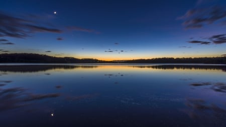 moon over lake at dusk - moon, lake, shore, dusk