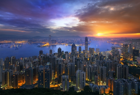 A Golden Morning - clouds, hills, beautiful, sunrise, city lights, ocean, buildings, cityscape, architecture, skyscrapers, ships, Hong Kong, sky, bay