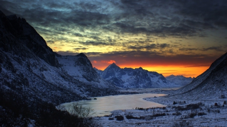 fantastic lake in the valley in winter hdr - valley, lake, winter, sunset, hdr, mountains, road