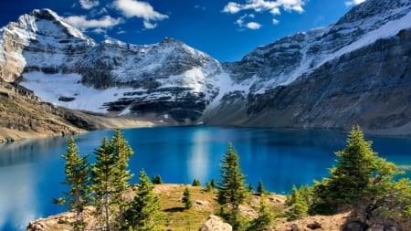 beautiful blue mountain lake - lake, mountains, trees, clouds