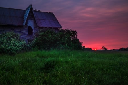 Sunset - sky, landscape, sun, sunset, nature, clouds, splendor, house, grass