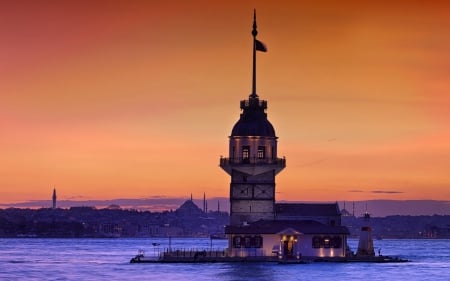 The Maiden's Tower - sky, istanbul, sunset, tower, sea, turkey, maiden