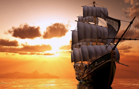 Tallship at Sunset - Sunset, Water, Ships, Digital