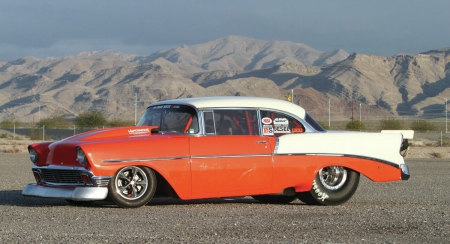 1956-Chevy Tri 5 - Orange, Bowtie, GM, Pro Street