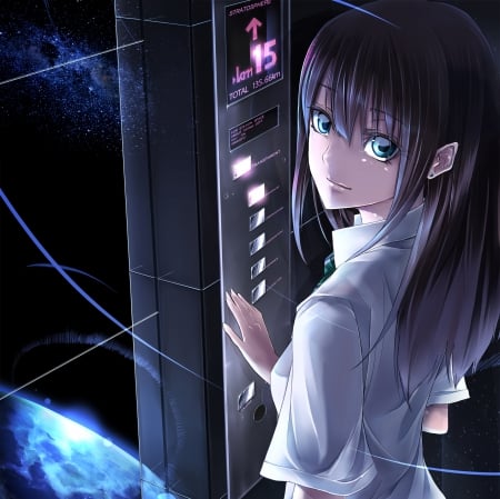 Space Elevator - pretty, star, anime, female, planet, scene, maiden, earth, light, long hair, emotional, dark, space, elevator, hd, nice, sky, anime girl, realistic, beautiful, girl, beauty, lovely, sweet, looking, cg, black, fantasy, lady, black hair