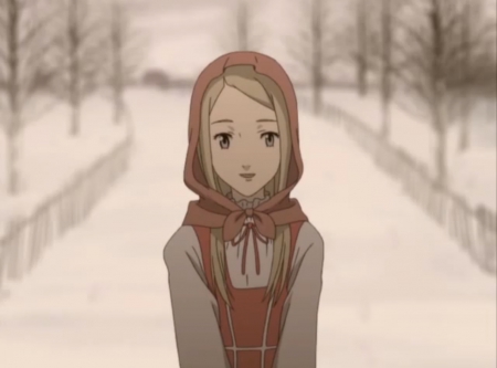 Sonya - pretty, anime, female, scenery, scene, snow, blood plus, longh air, nice, bloodplus, anime girl, winter, beautiful, hood, girl, scenic, beauty, lovely, sonya, sweet