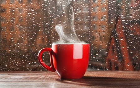 ♥Coffee♥ - coffee, window, rain, drops, cup