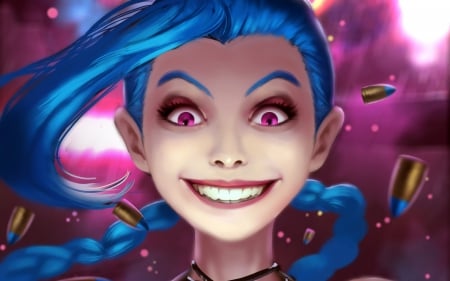 Jinx - game, amethyst eyes, league of legends, blue, girl, pink, Jinx, fantasy, bullets, funny, woman, face, art