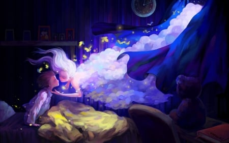 Dreaming - moon, anime, blue, girl, night, pink, dream, boy, black, fantasy, sleep, art