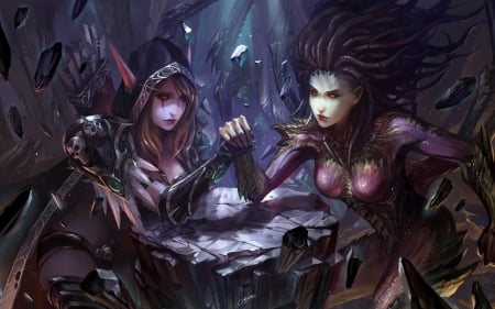 Sylvanas Windrunner and Sarah Kerrigan - wow, Sylvanas Windrunner, game, girl, starcraft, Sarah Kerrigan, elf, fantasy, purple, woman, world of warcraft