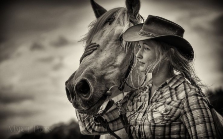 Wind of dreams - dreams, black and white, horse, cowgirl