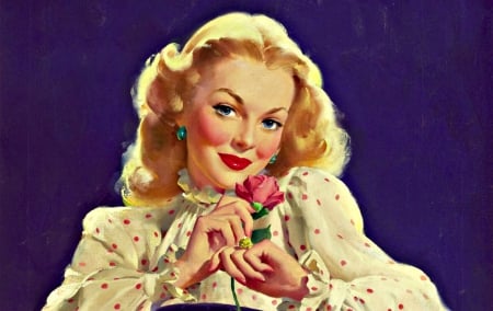 Beauty - flower, purple, rose, pink, beauty, gil elvgren, blonde, girl, art, retro, vintage, painting, woman