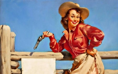 Cowgirl - red, gil elvgren, gun, girl, blue, art, cowgirl, hat, painting, woman